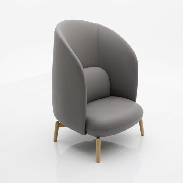 Light gray modern wrap-around accent chair with wooden legs - Cozy single seating for living room & reading nook