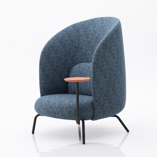 Dark blue modern accent chair with integrated orange side table & slim black legs - Stylish single seating for living room & contemporary spaces