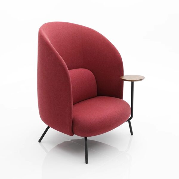 Red modern accent chair with integrated side table & slim legs - Stylish single seating for living room & reading nook