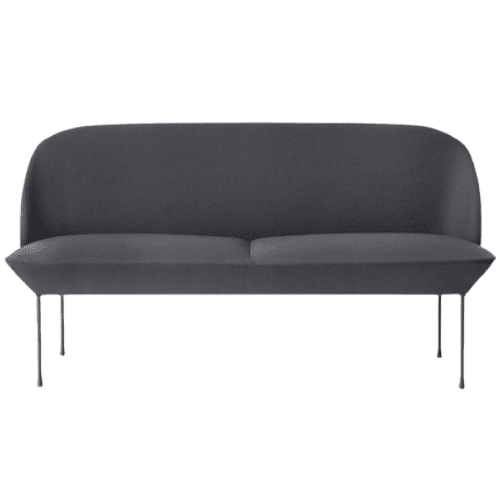 Modern charcoal grey 2-seater loveseat with minimalist design and thin metal legs, isolated on white background.