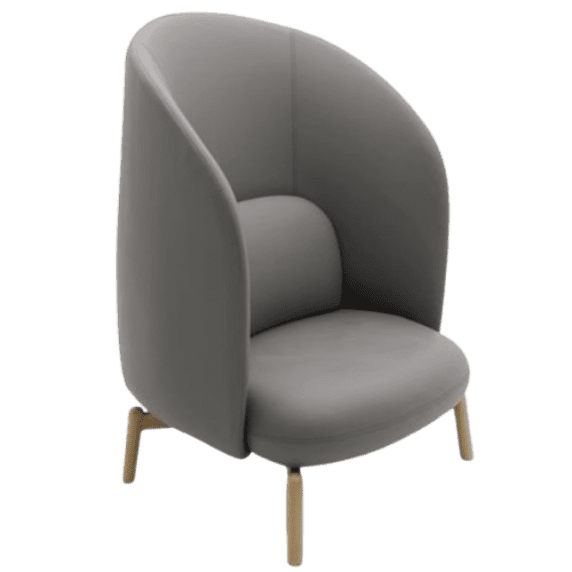 Modern light grey high-back accent chair with lumbar pillow and tapered light wood legs, Scandinavian style.