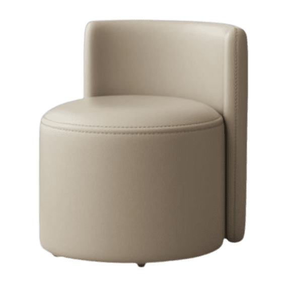Modern cream round accent chair with curved back, minimalist Nordic style furniture isolated on white background.