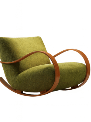 Green modern rocking chair with wooden curved armrests in a cozy living room.