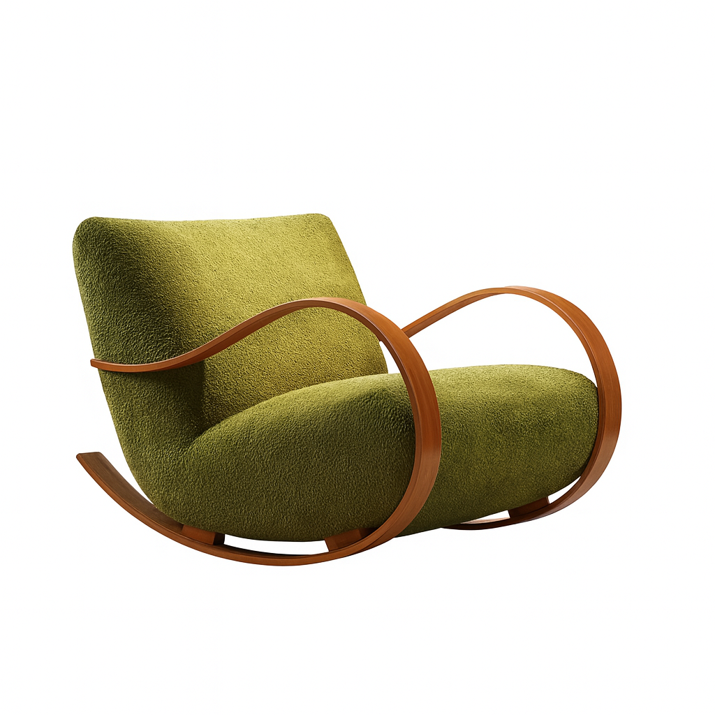 Green modern rocking chair with wooden curved armrests in a cozy living room.