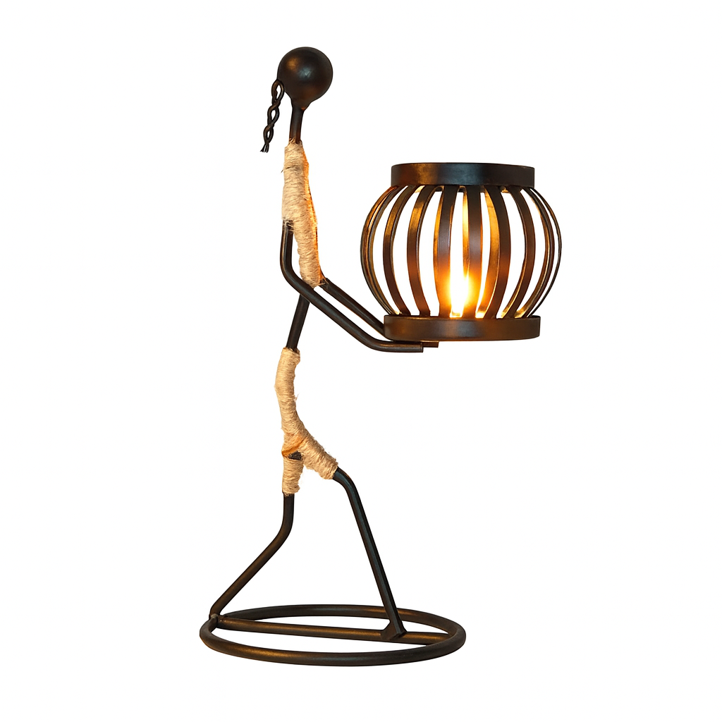 Handcrafted metal figurine candle holder with woven rope details and artistic minimalist design.