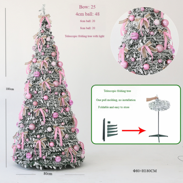 180cm No-Light Telescopic Folding Christmas Tree - Pre-decorated with 25 pink&white bows, 48x4cm/20x6cm/20x8cm red ornaments, one-pull molding easy storage holiday decor