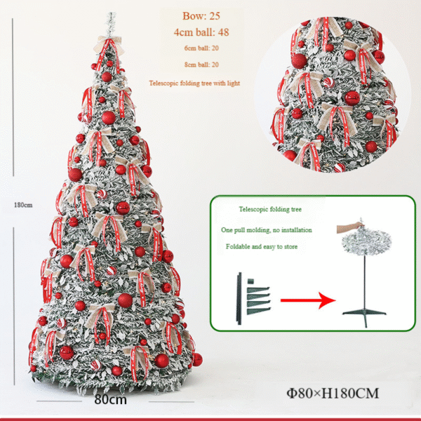 180cm No-Light Telescopic Folding Christmas Tree - Pre-decorated with 25 red-white bows, 48x4cm/20x6cm/20x8cm red ornaments, one-pull molding easy storage holiday decor