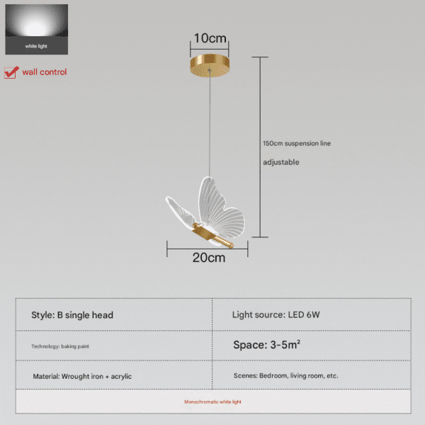 Style B Single-Head Butterfly Pendant Light (Wrought Iron + Acrylic) - 10cm Gold Base, 150cm Adjustable Suspension, LED 6W for 3-5㎡ Bedroom/Living Room