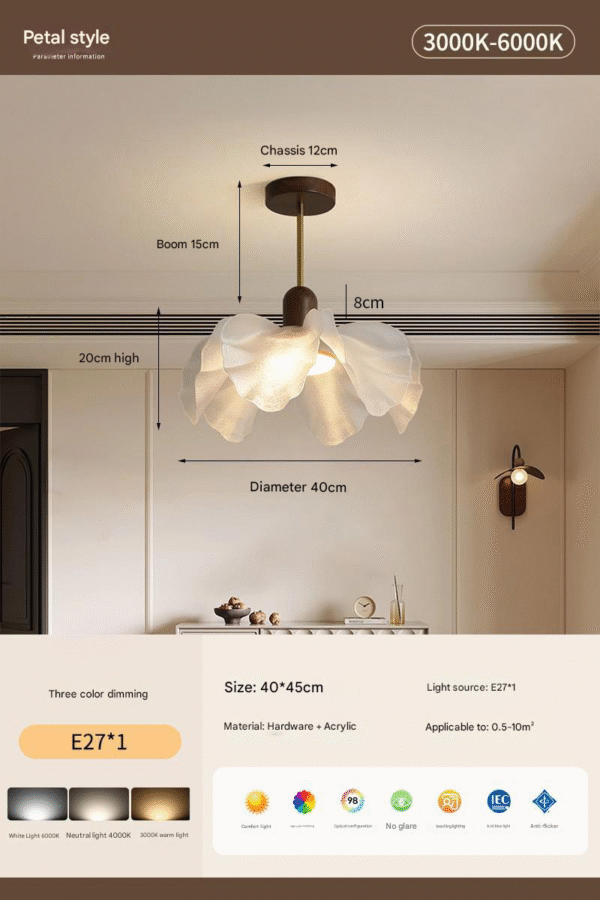 40cm Petal-Style Acrylic Pendant Light (3-Color Dimming 3000K-6000K) with Walnut & Gold Accents for 0.5-10㎡ Spaces