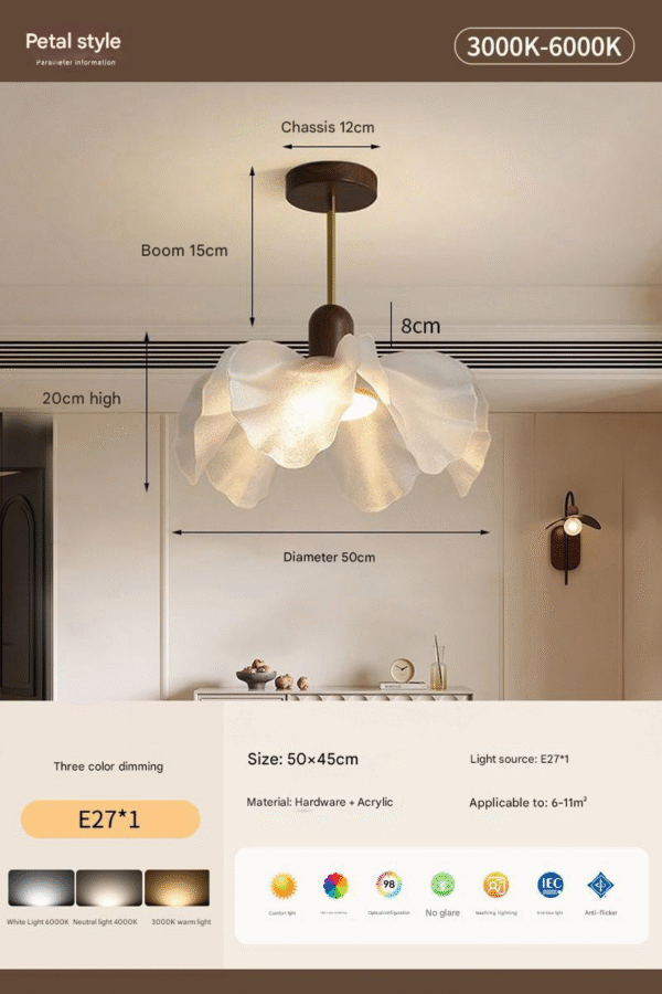 50cm Petal-Style Acrylic Pendant Light (3-Color Dimming 3000K-6000K) with Walnut & Gold Accents for 6-11㎡ Spaces