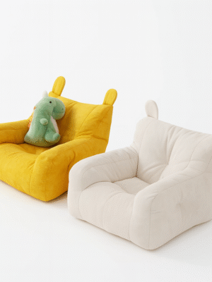 children’s plush soft fabric sofa chair in yellow and white for kids room