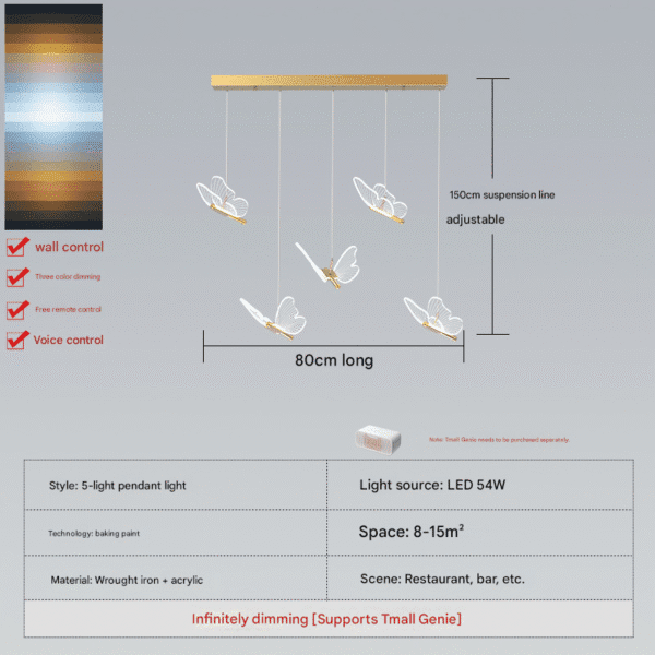 5-Light Butterfly Pendant Light (Wrought Iron + Acrylic) - 80cm Length, 150cm Adjustable Suspension, LED 54W, Multi-Control Modes for 8-15㎡ Restaurant/Bar