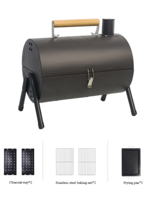 Portable grey outdoor charcoal grill with wooden handle, charcoal trays, stainless steel baking nets, and frying pan.