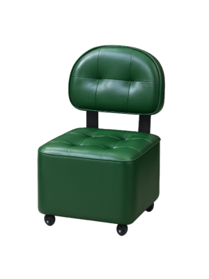 Green modern round-back vanity chair with cushioned seat and storage ottoman.