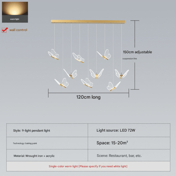 9-Light Butterfly Pendant Light (Wrought Iron + Acrylic) - 120cm Length, 150cm Adjustable Suspension, LED 72W, Single-Color Warm Light for 15-20㎡ Restaurant/Bar