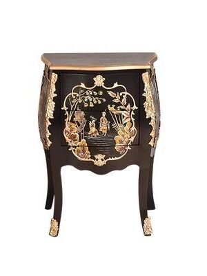 Elegant black and gold French-style accent cabinet with ornate carved details