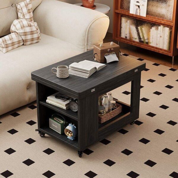 Black industrial coffee table with storage drawer and metal frame in living room