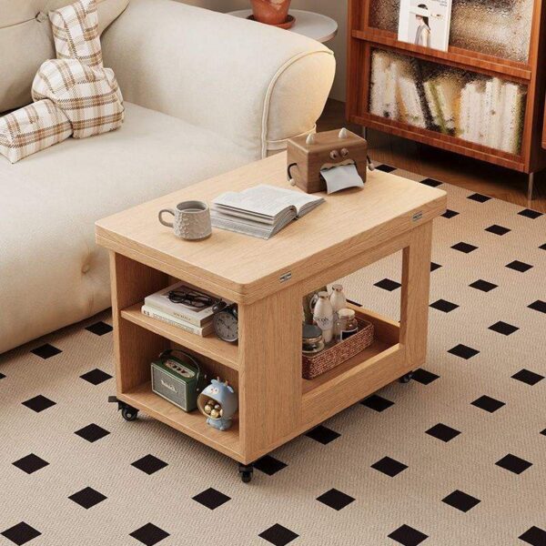 Wooden coffee table with open storage shelf in modern living room