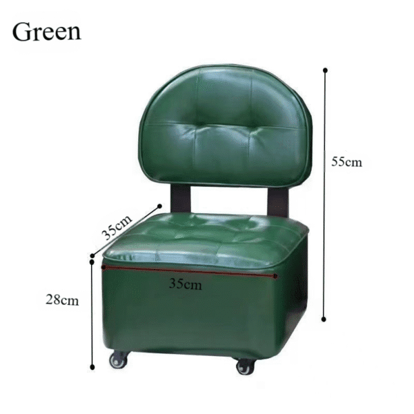 Green modern round-back vanity chair with cushioned seat and storage ottoman.