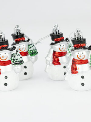 Set of 4 silver glitter Christmas snowman ornaments with red scarves, black top hats & small green Christmas trees - festive holiday decor for Christmas tree