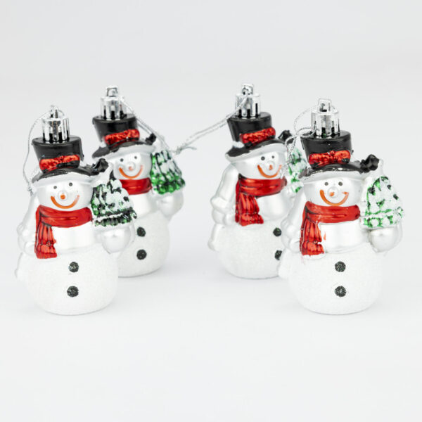 4-Piece Silver Glitter Christmas Snowman Ornament Set Set of 4 silver glitter Christmas snowman ornaments with red scarves, black top hats & small green Christmas trees - festive holiday decor for Christmas tree