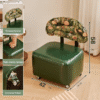 Green cushioned vanity stool with backrest and wooden legs, bedroom makeup chair