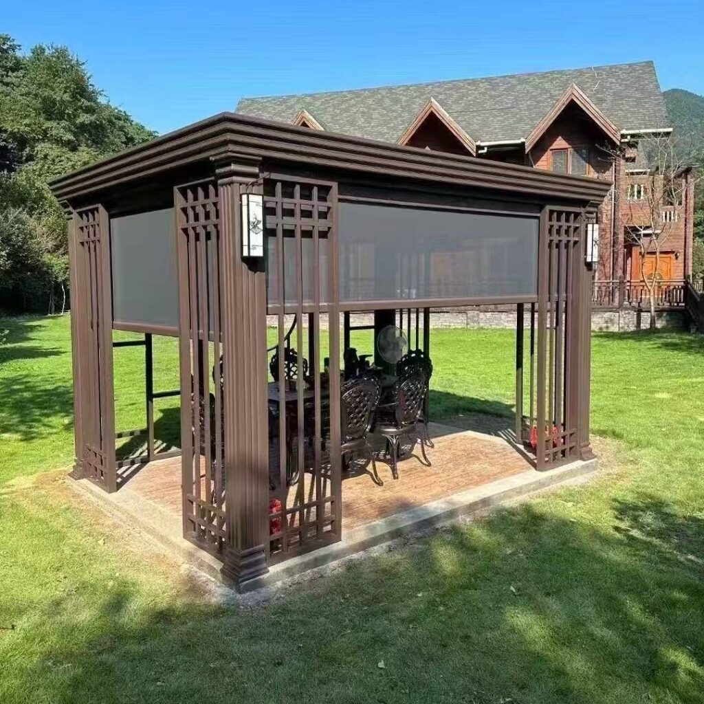 Brown Outdoor Lattice Pergola with Retractable Shade Screen - Patio Garden Backyard Enclosed Dining Pavilion for Outdoor Gatherings