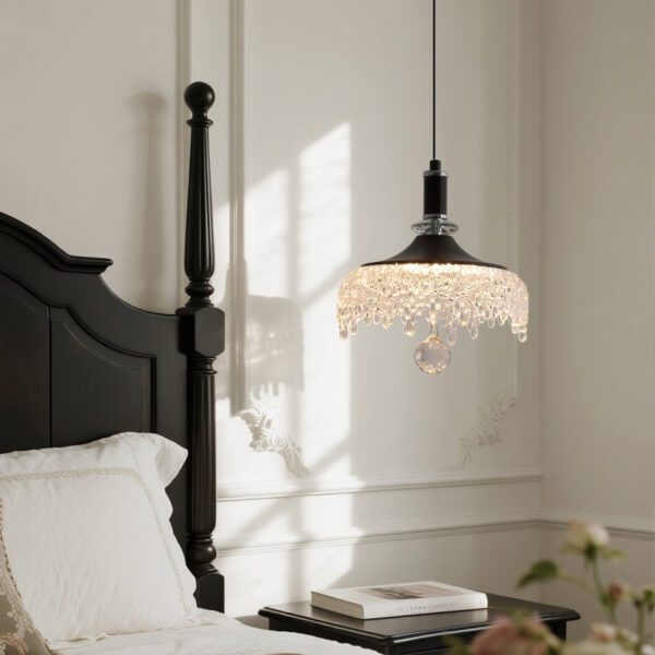 Crystal Tassel Pendant Chandelier in Classic Bedroom - Black Suspension Rod with Cascading Crystal Details for Cozy Sophisticated Interiors