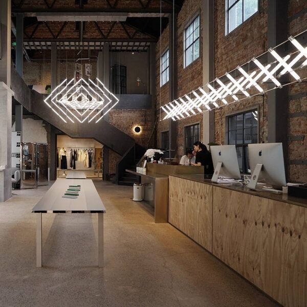 Industrial Style Geometric LED Pendant Lights - Diamond & Linear X-Shaped Hanging Lamps for Commercial Retail Spaces