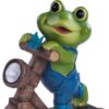 Cute frog garden statue riding a scooter with solar light for outdoor yard decoration