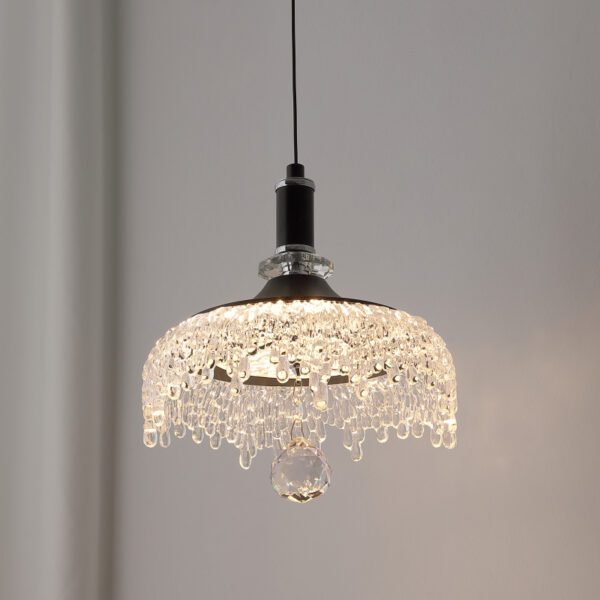 Illuminated Crystal Tassel Pendant Chandelier - Black Suspension Rod with Glowing Cascading Crystal Details for Elegant Interiors