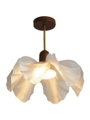 Petal-Shaped Fabric Pendant Chandelier with Walnut Wood & Gold Metal Accents - Soft Glowing Shade for Elegant Interiors