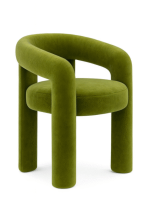 Green modern upholstered accent chair with curved backrest and cylindrical legs in a minimalist interior.