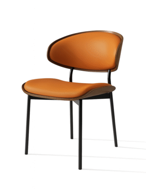 Orange upholstered modern accent chair with Nordic design and curved backrest