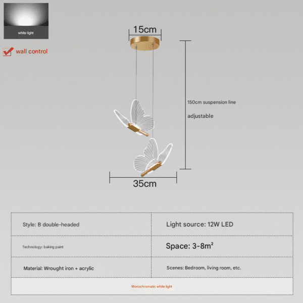 Style B Double-Headed Butterfly Pendant Light (Wrought Iron + Acrylic) - 15cm Gold Base, 150cm Adjustable Suspension, 12W LED for 3-8㎡ Bedroom/Living Room