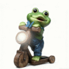 Cute frog riding a wooden scooter garden statue with LED light and blue butterfly decoration
