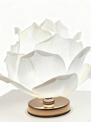 Elegant white lotus flower table lamp with soft petal-shaped LED light and golden base