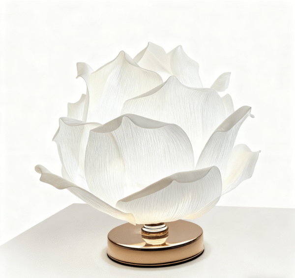 Elegant white lotus flower table lamp with soft petal-shaped LED light and golden base