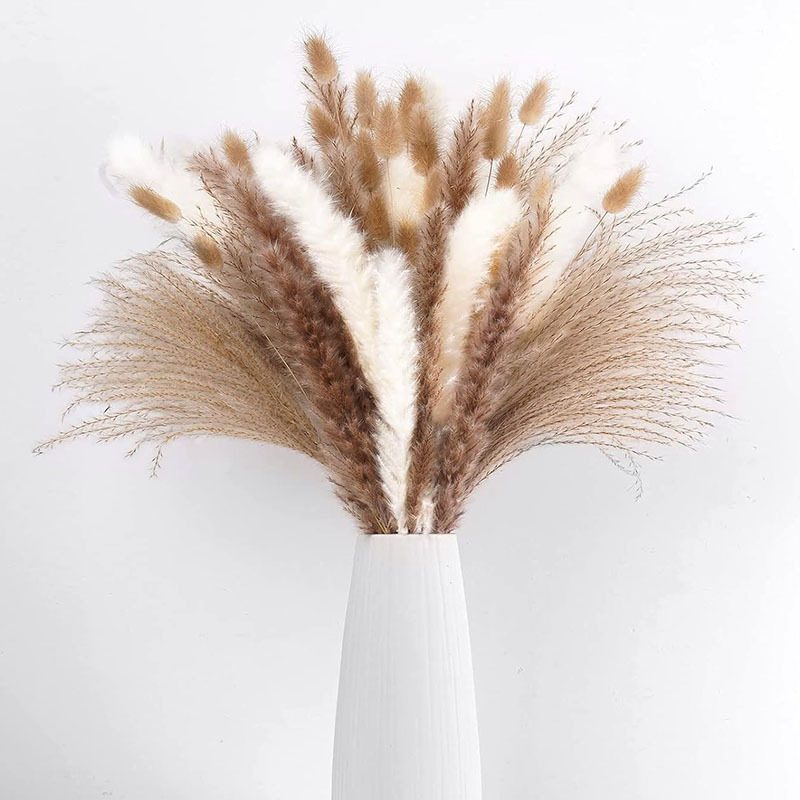 Dried Pampas Grass Bouquet in White Minimalist Vase - Modern Boho Home Decor Arrangement
