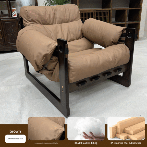 Orange Waxed Leather Adjustable Recliner Chair | 3A Doll Cotton Filling Thai Rubberwood Frame Single Lounge Chair for Living Room