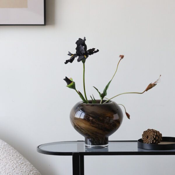 Brown Textured Decorative Container With Dried Flower Decor (Displayed on Table)