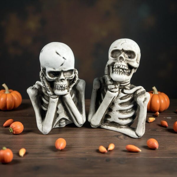 Halloween-themed Skeleton Figurines with Pumpkin Decor - Festive Desktop Ornament