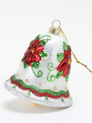 White Bell-shaped Festive Ornament with Red & Green Floral Accents - Holiday Decor Piece