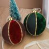 Red & Dark Green Spherical Festive Ornaments with Gold Accents - Holiday Decor Baubles