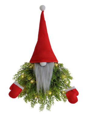Christmas Gnome Decorative Ornament (Red Tall Hat, Green Foliage & Red Accents)