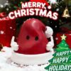 Red Liver-Shaped Anthropomorphic Decorative Ornament (With White Hands) Set Against Christmas Decor Background (Featuring "MERRY CHRISTMAS" & "Happy New Year" Text)