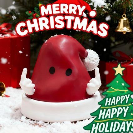 Red Liver-Shaped Anthropomorphic Decorative Ornament (With White Hands) Set Against Christmas Decor Background (Featuring "MERRY CHRISTMAS" & "Happy New Year" Text)