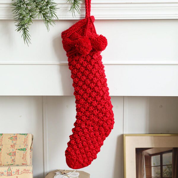 Red Knit-Style Sock-Shaped Decorative Ornament (Hanging Display With Christmas Greenery Accent)