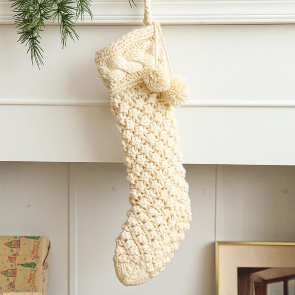 Cream Knit-Style Sock-Shaped Decorative Ornament (Hanging Display With Christmas Greenery Accent)