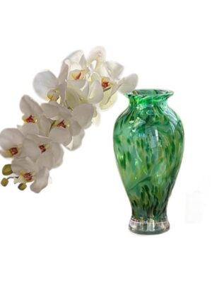Green Textured Vase With White Orchid Flower